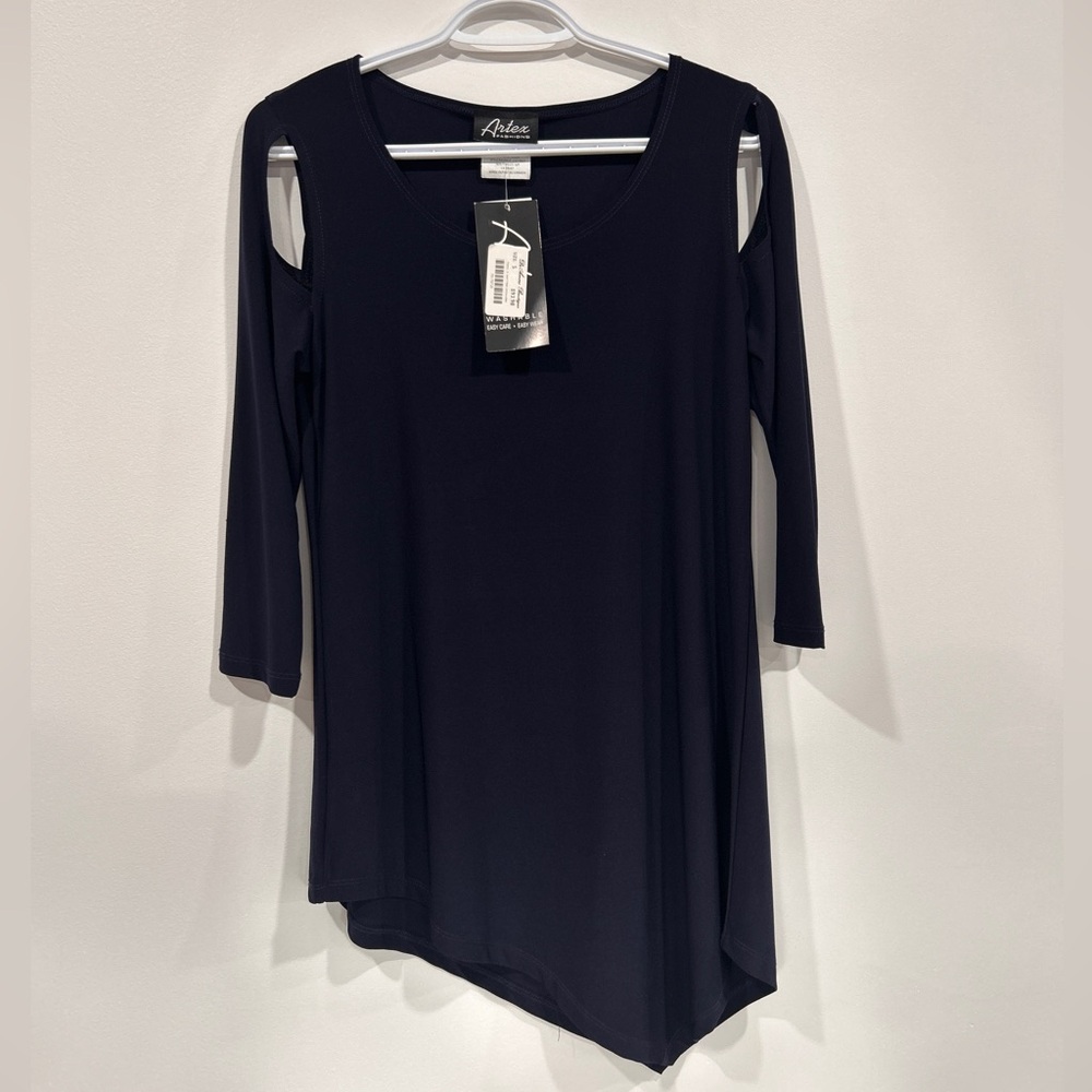 Artex Asymmetrical Navy Blue Cold Shoulder Top NWT